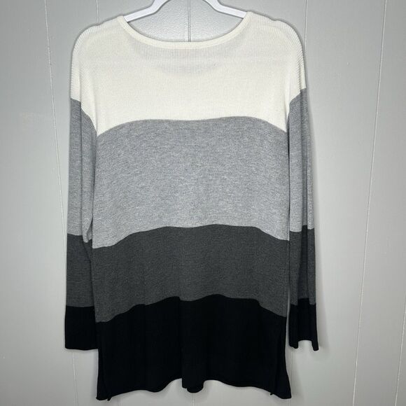 Vince Camuto Waffle Stitched Colorblocked Sweater Womens Large White Grey Black - Picture 2 of 13